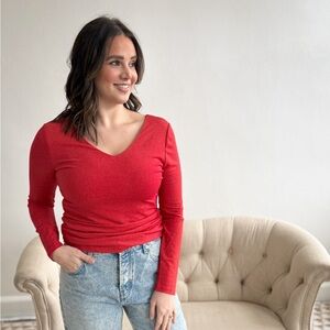 Red V-Neck Bowknot Long Sleeve Top